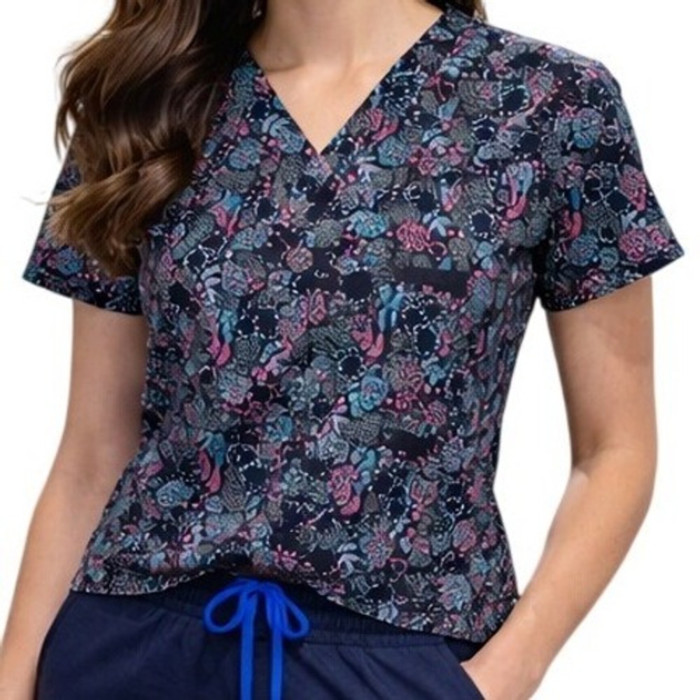 Sanibel Scrubs‎ Scrub Top Womens XS Black Pink Blue Floral Print